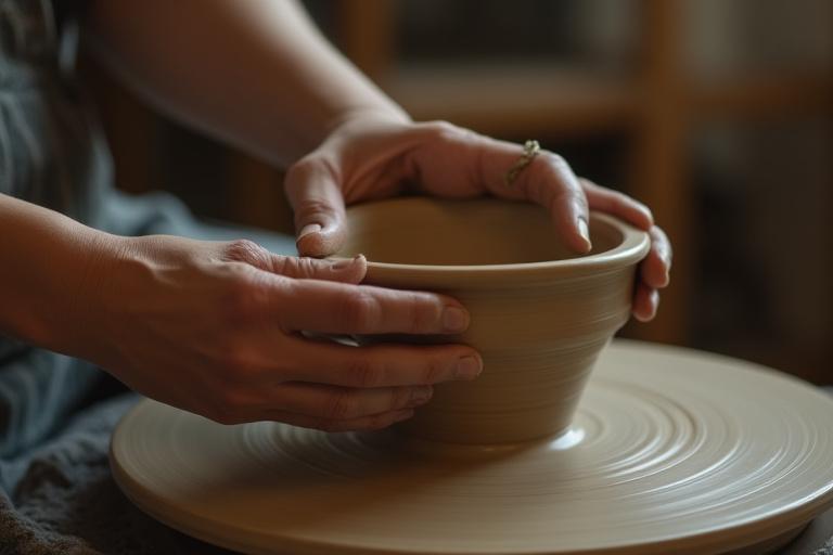 Nærbilde av hender som former våt leire på en dreieskive.