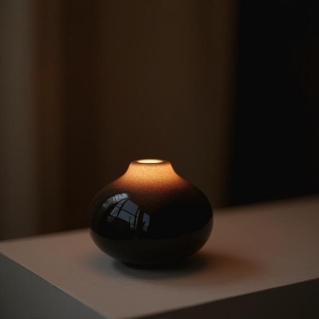 En liten, rund bordlampe med mørk, nesten svart glasur.