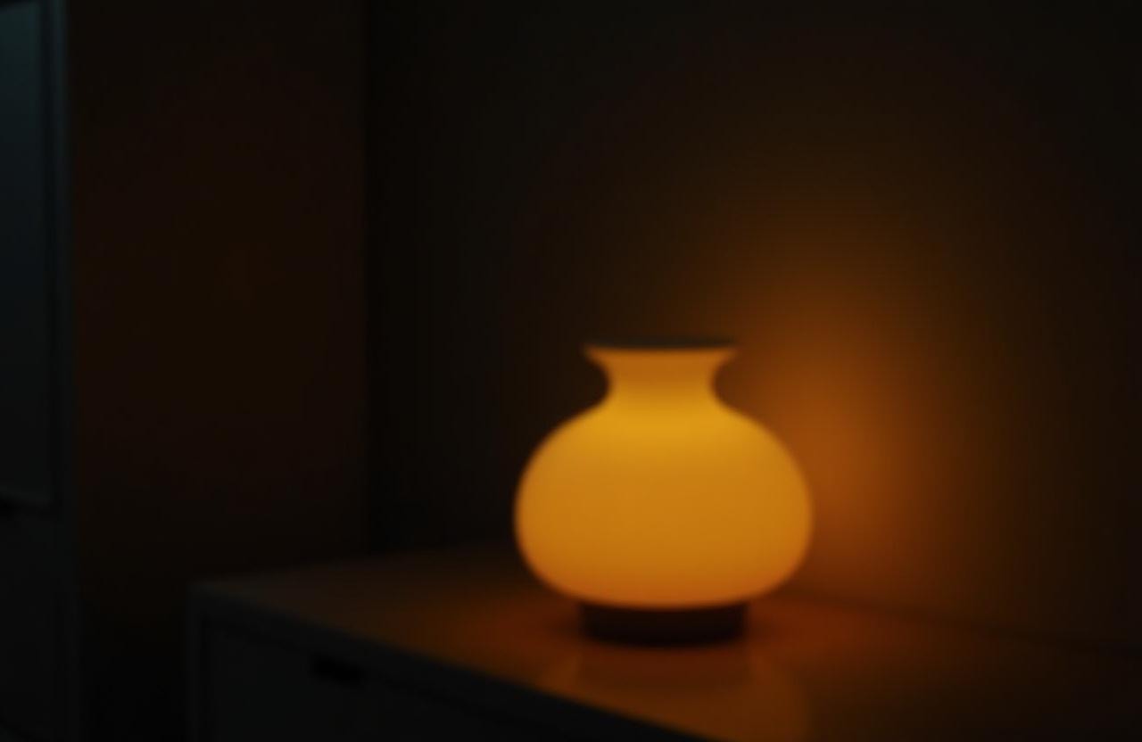 En håndlaget keramisk lampe fra Gnist Pusterom som lyser varmt i et dunkelt rom.