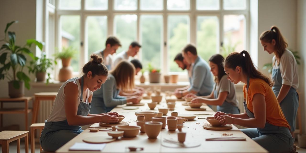 En gruppe mennesker som jobber konsentrert med leire i et lyst og trivelig verksted.